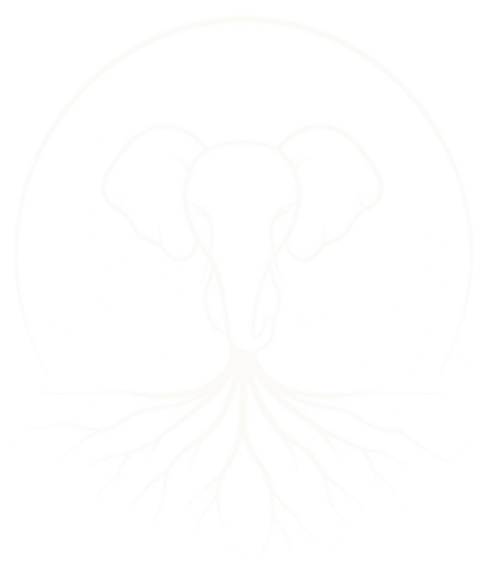 Root & Rise mark: an elephant head within an arch, trunk flowing into roots